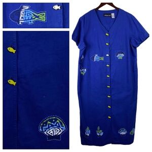 Vtg 90s Sag Harbor 16WP 16W Petite Midi Maxi Dress Shirtdress Blue Linen Fish